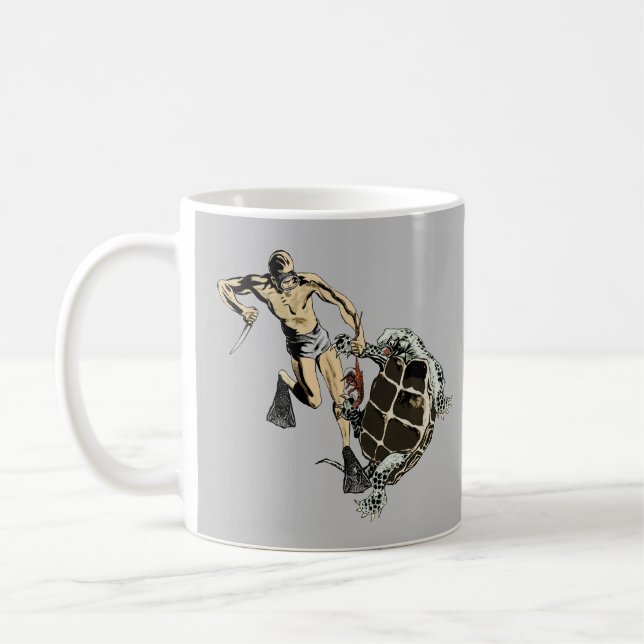 Mug Freediving Diver Combattre une tortue pour un homa (Gauche)