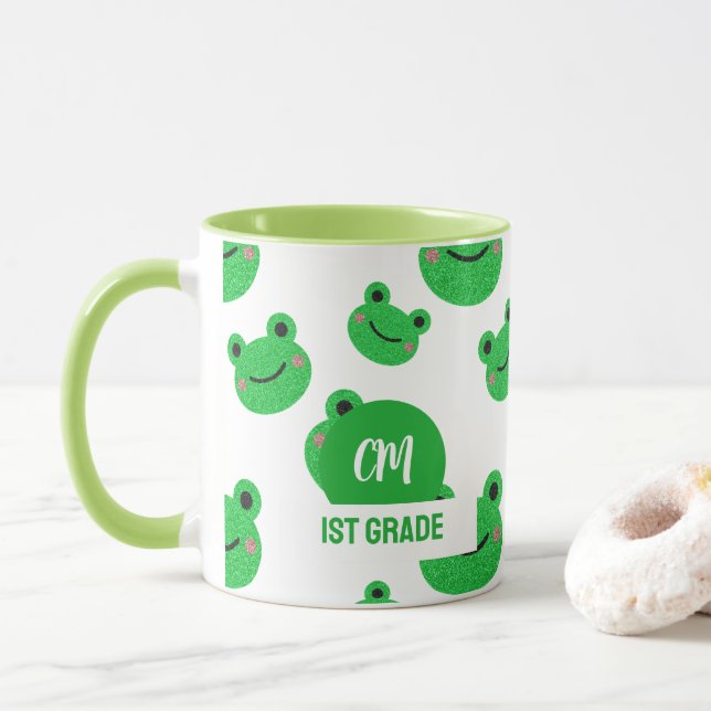 Mug Frog Happy Face Motif Green Monogram School (Avec donut)