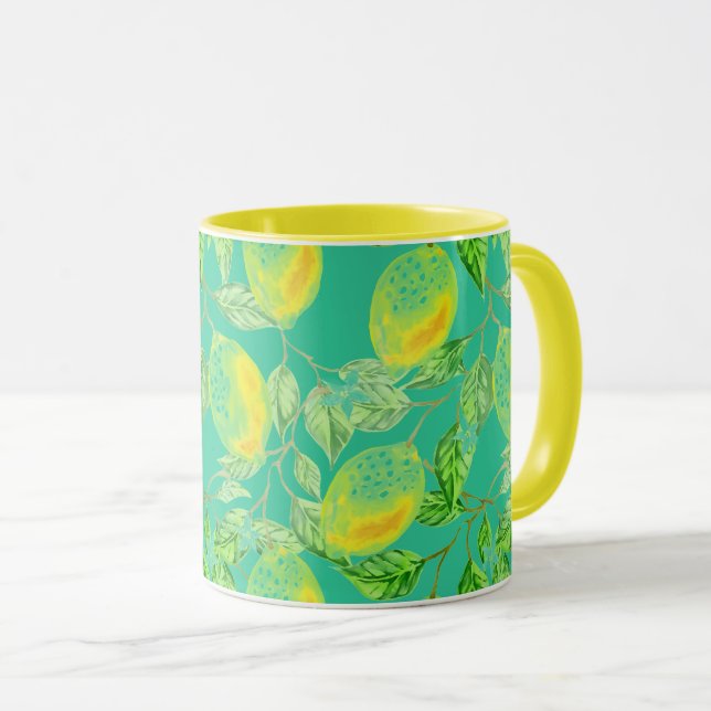 Mug Fruit citron motif jaune turquoise vintage (Devant droit)