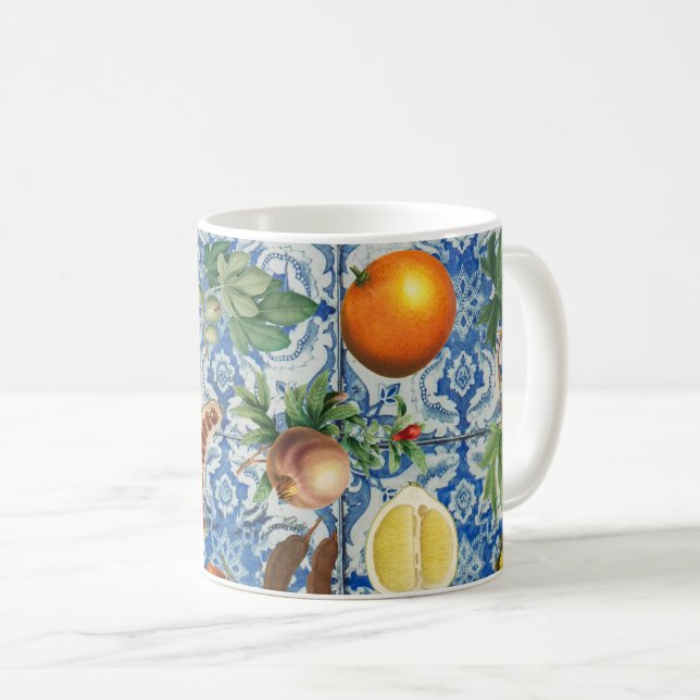 Mug Fruit d'été méditerranéen & Mosaïque Bleue Blanc (Devant droit)