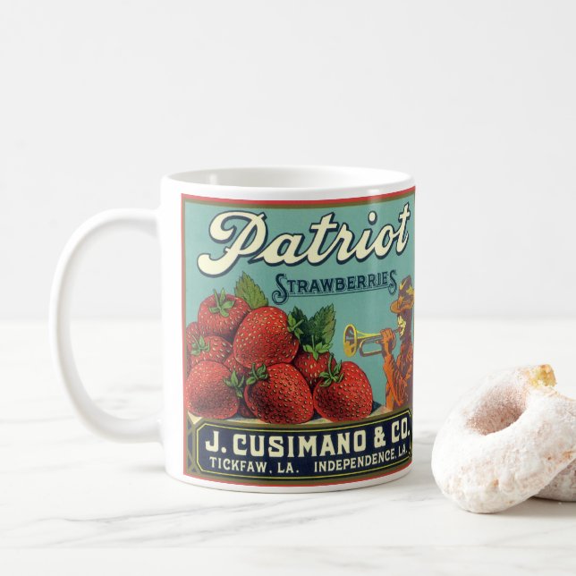 Mug Fruit vintage Crate Étiquette Art Patriot Fraises (Avec donut)