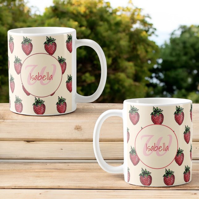 Mug Fruité fraise fraîche Motif Nom du monogramme (strawberry pattern template name & monogram mug on both sides of handle)