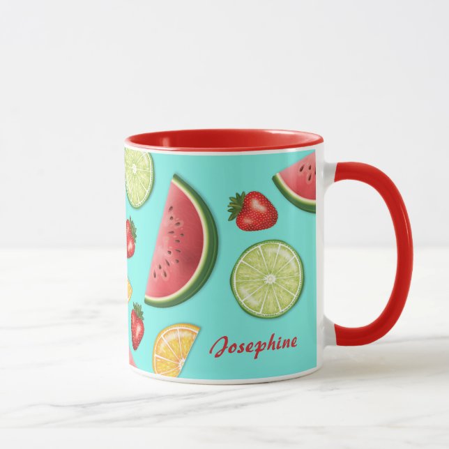 Mug Fruits D'Été Colorés Sur Bleu Avec Nom Personnalis (Droite)