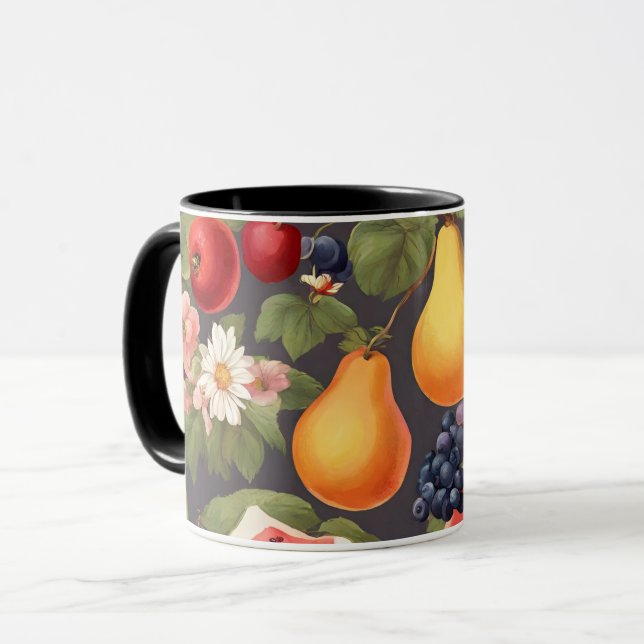 Mug Fruits variés, Feuilles luxuriants et fleurs merve (Devant gauche)