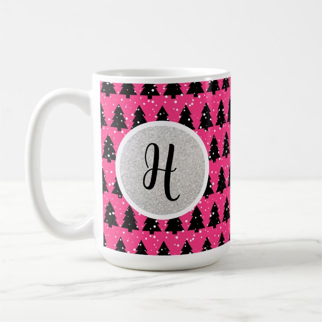 Mug Fuchsia Moderne Et Monogramme D'Arbre De Noël Noir (Gauche)
