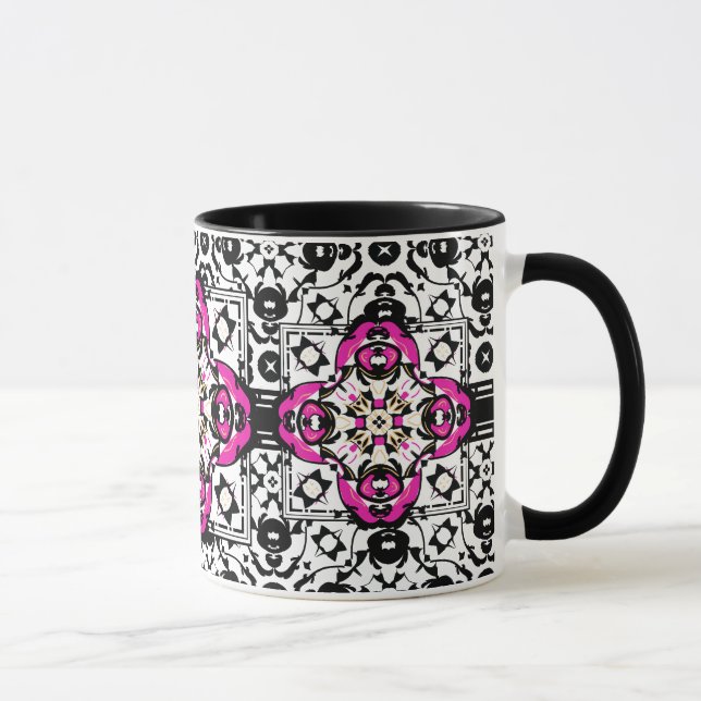 Mug Fuchsia ornemental élégant et noir de damassé (Droite)
