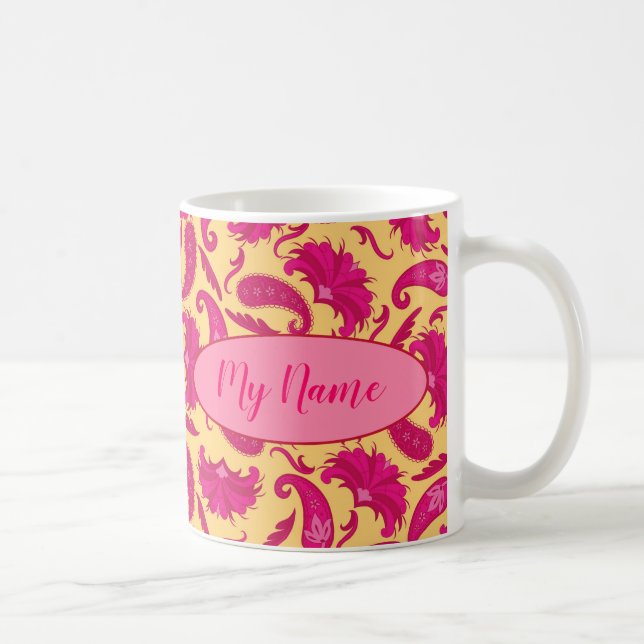 Mug Fuchsia Pink Yellow Nom Personnalisé Paisley (Droite)