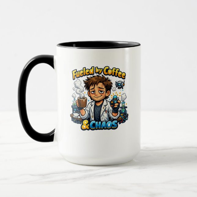Mug Fueled by Coffee & Chaos – Funny Scientist (Gauche)