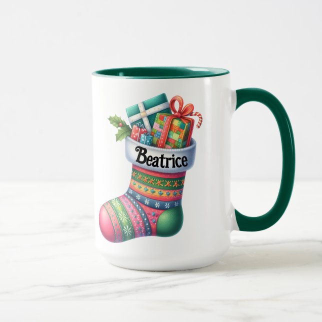 Mug Fun Rose et Vert Noël Stocker personnalisable (Droite)