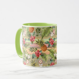 Mug Fun Tropical Pineappy Fruit Floral Stripe Motif