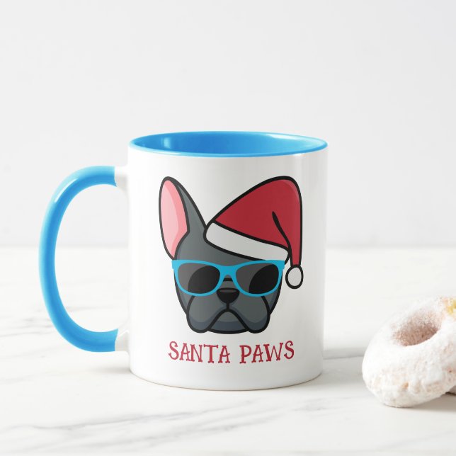 Mug Funny Blue Frenchie Père Noël Paws Noël (Avec donut)