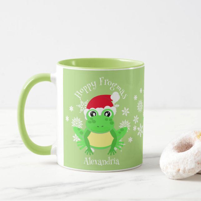 Mug Funny Christmas Frog Santa Hat Green Novelty (Avec donut)