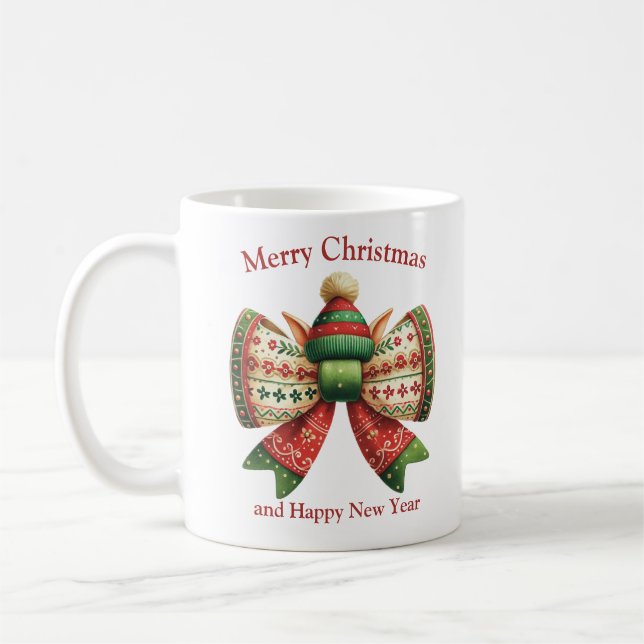 Mug Funny Christmas rustic bow with elves hat (Gauche)