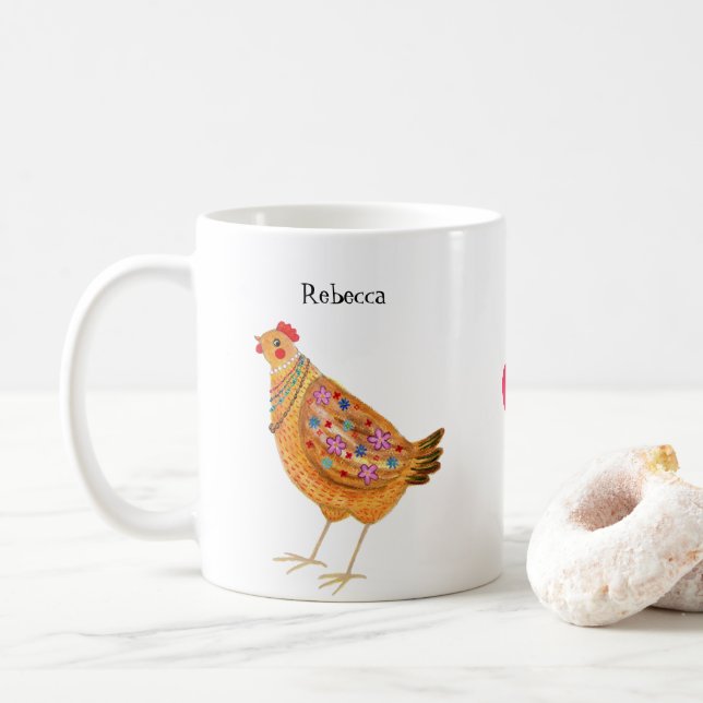 Mug Funny Cute Fashionable Chicken Hen Art Custom (Avec donut)