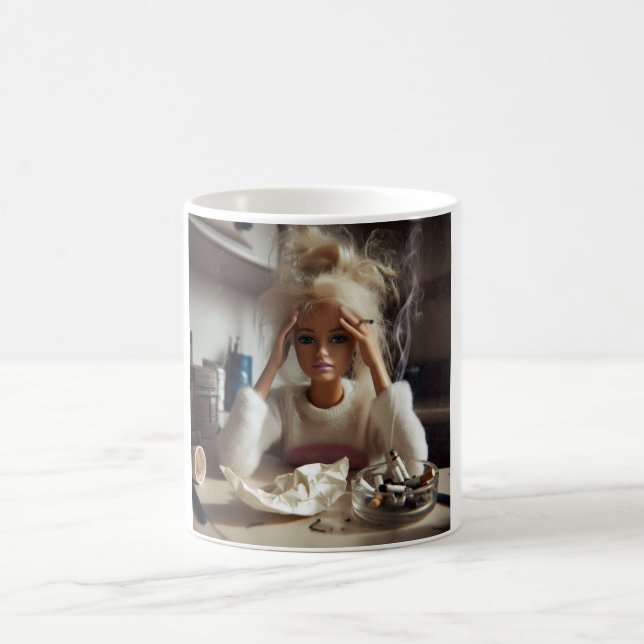 Mug Funny Distressed Doll Face Meme Smoking Sarcastic  (Centre)