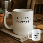 Mug Funny Elegant Simple I'm Loving It 50th Birthday<br><div class="desc">Marquez un jalon avec une élégance sobre. Cette tasse d’anniversaire minimaliste comporte "Fifty" dans une police serif frappante, suivie de l’expression amusante "I’m love it" — un clin d’oeil élégant pour tourner un nouveau chapitre. Tout le texte peut être facilement customisé, ce qui le rend parfait pour n'importe quel âge...</div>