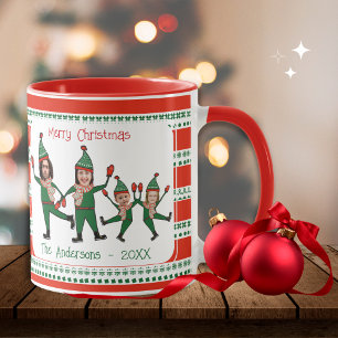 Mug Funny Elf Famille de quatre Photo Rouge Vert Noël