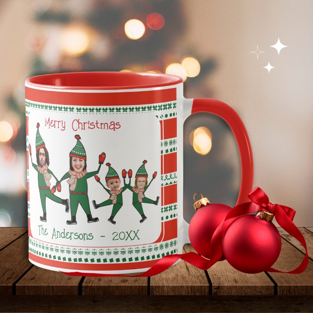 Mug Funny Elf Famille de quatre Photo Rouge Vert Noël (Créateur téléchargé)