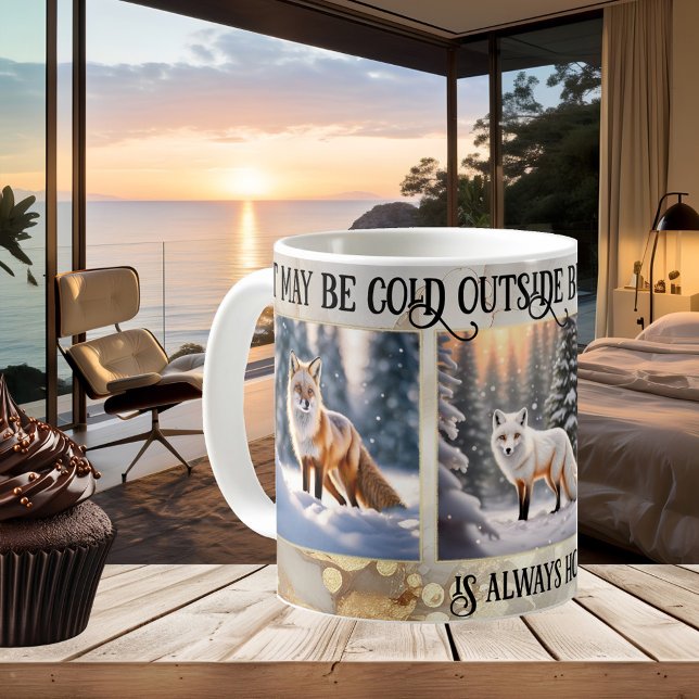 Mug Funny Gold Snow Fox Photo (Photo mug showing paintings of foxes or your own photos framed by a gold snow artistic design)