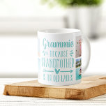 Mug Funny Grammie Grandchildren Noms et collection pho<br><div class="desc">Un cadeau parfait pour une grand-mère qui déteste se faire appeler grand-mère, cette jolie et drôle mug de Grammie présente le dicton "Grammie - parce que grand-mère est pour vieilles dames" dans un collage de cinq photos de ses petits-enfants. Personnalisez avec un message personnalisé, les noms des petits-enfants, et/ou l'année...</div>