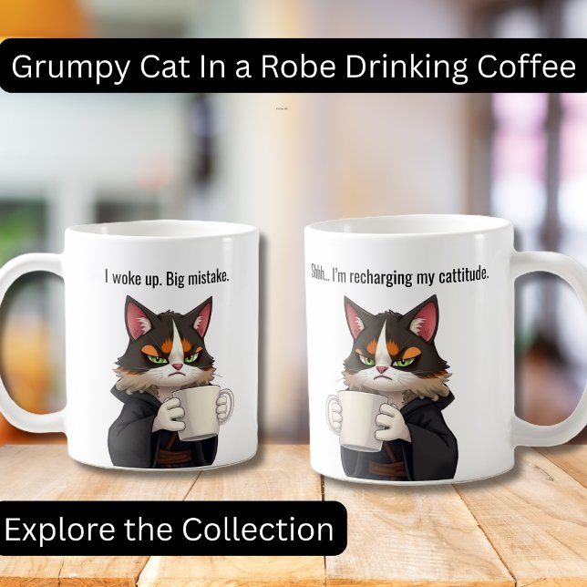 Mug Funny Grumpy cat dans un chat Robe et Café (Funny Grumpy Cat in a Robe with Coffee.  Perfect gifts, Cat lovers, Coffee Lovers)