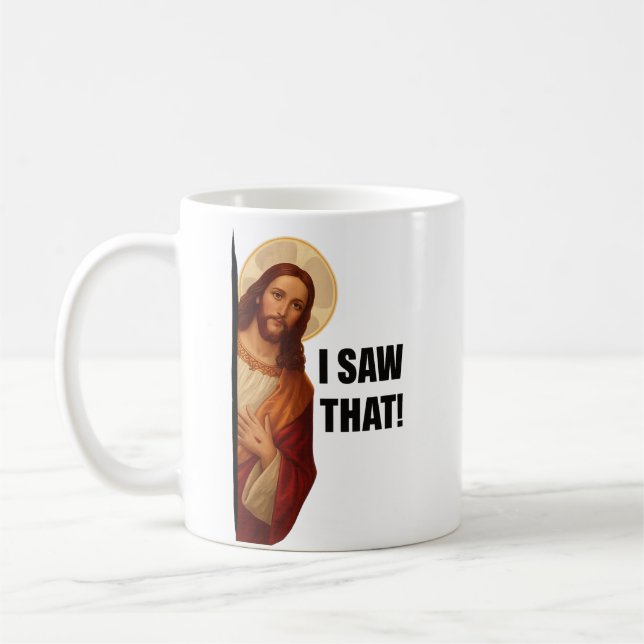 Mug Funny Jesus "I Saw That" Christian meme design (Gauche)