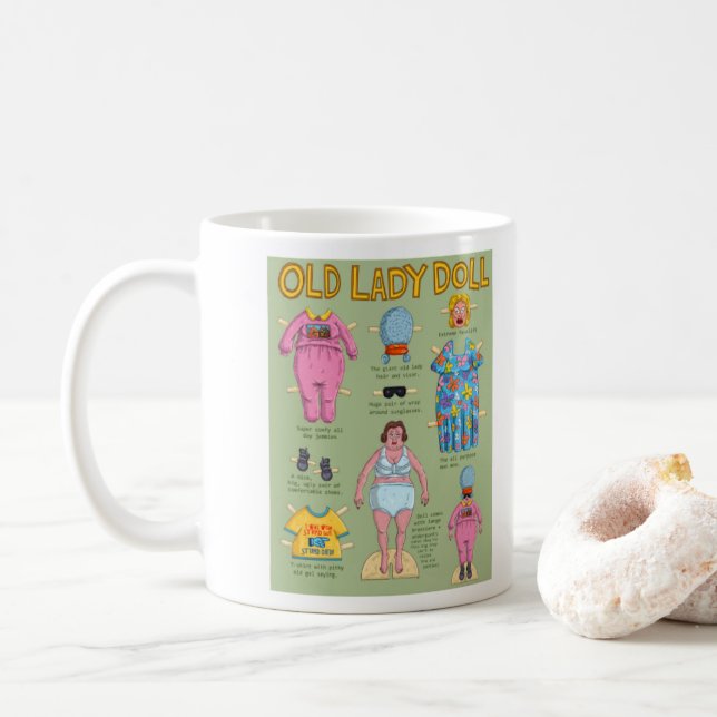 Mug FUNNY Over the Hill Old Lady Papier poupée (Avec donut)
