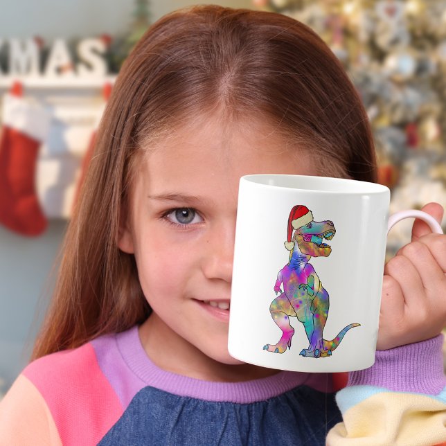 Mug Funny Psychedelic Tyrannosaurus Rex Père Noël Dino (Colorful Christmas dinosaur T-Rex wearing a Santa hat pink purple green dino for girls)