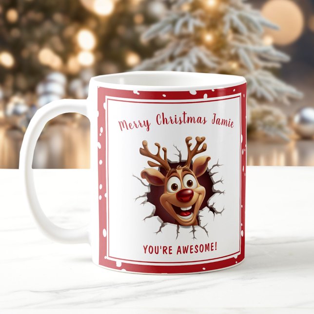 Mug Funny Rudolph à travers le Noël du Nom Rouge (Funny Rudolph breaking through Red Name Christmas Coffee Mug)
