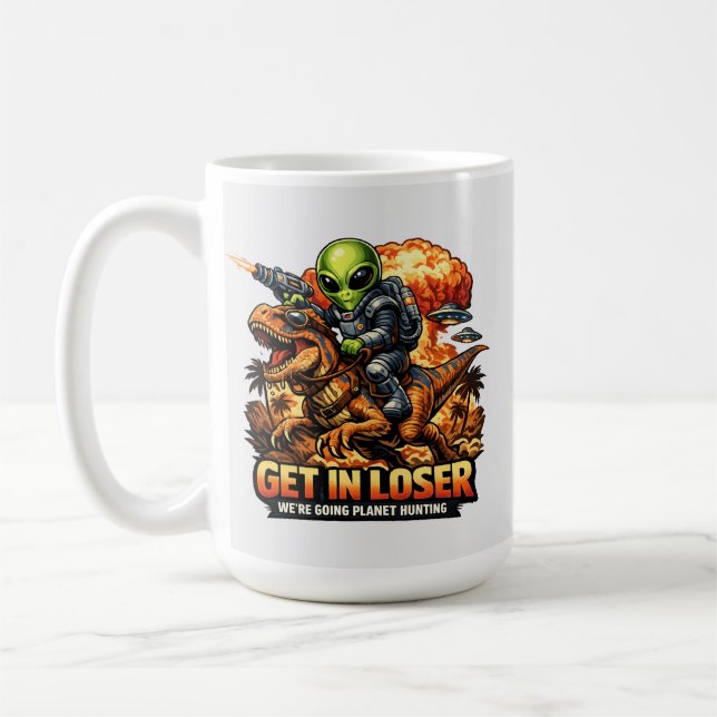 Mug Funny Sci-Fi Fantasy Meme Art, Alien Riding Dinosa (Gauche)