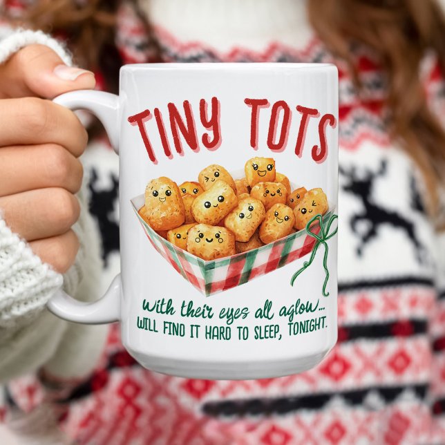 Mug Funny Tiny Tater Tots Watercolor Plaid Christmas (Funny Tiny Tots with their eyes  aglow holiday watercolor plaid whimsical Christmas gift mug 15 oz.)