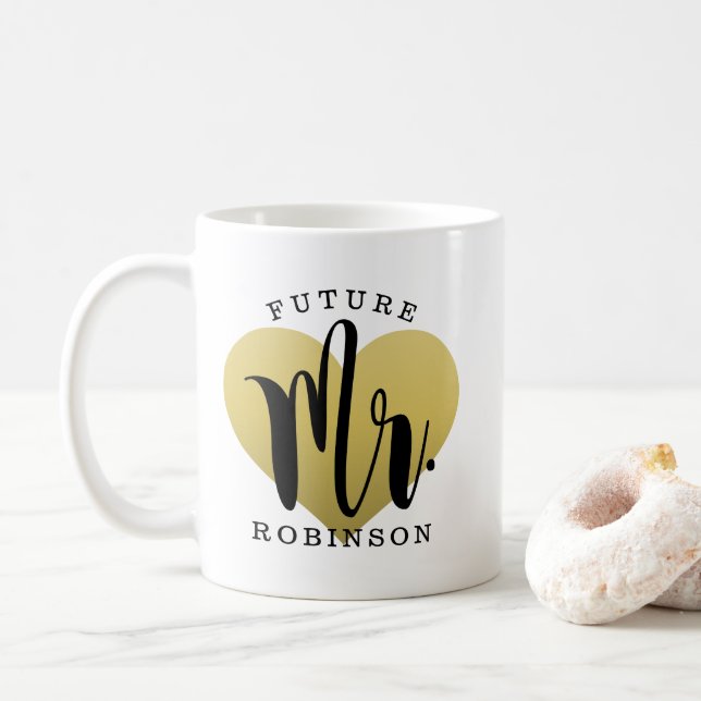 Mug Futur M. Gold Heart Mariage personnalisé Monogramm (Avec donut)