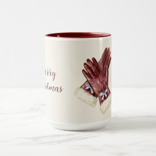Mug Gants en fourrure crème bordeaux avec noeud bleu N