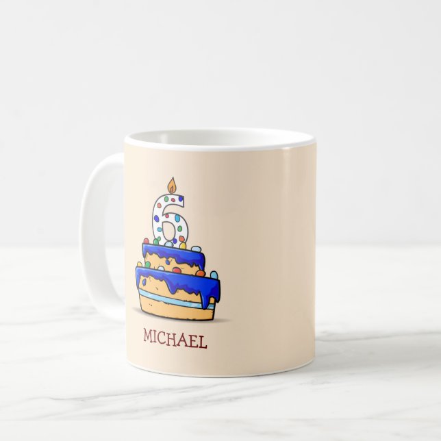 Mug Garçon 6e anniversaire, 6 sur Gâteau bleu doux (Devant gauche)
