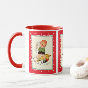 Mug Garçon vintage tenant un chaton avec des chiots de