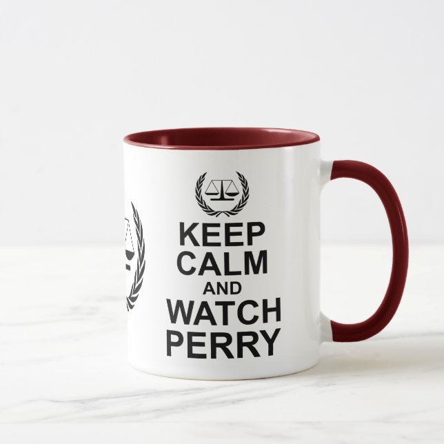 Mug Gardez le calme et observez Perry Humour légal (Droite)