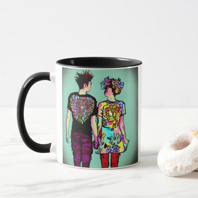 Mug Gars grunge mignon et fille punk jolie se tenant l (Avec donut)