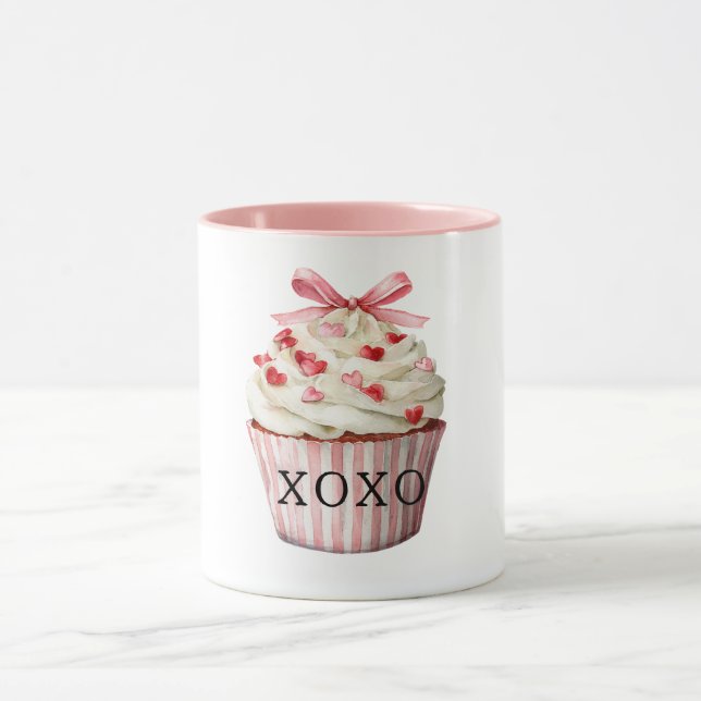 Mug Gâteau d'anniversaire Cupcake Cœurs Rouges Nœud Ro (Centre)