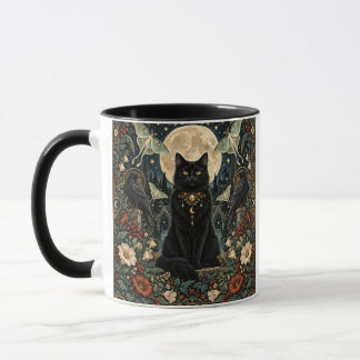 Mug Gato Negro Gótico Celestial con Luna y Cuervos.