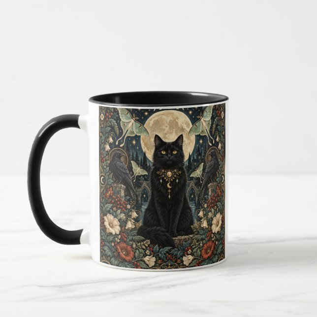 Mug Gato Negro Gótico Celestial con Luna y Cuervos. (Gauche)