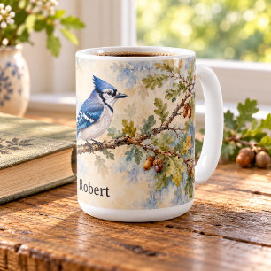 Mug Geai bleu à l'aquarelle avec feuilles de chêne et