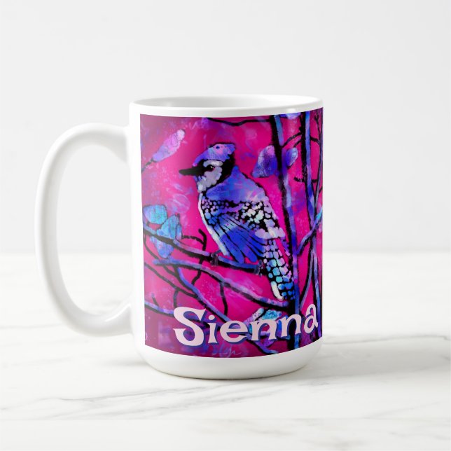 Mug Geai bleu arbre branche rose personnalisé  (Gauche)