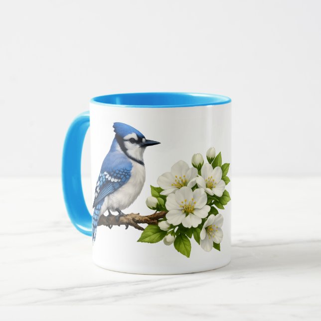 Mug Geai bleu avec des fleurs blanches (Devant gauche)