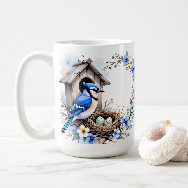 Mug Geai bleu sur nichoir – Illustration florale paste (Avec donut)