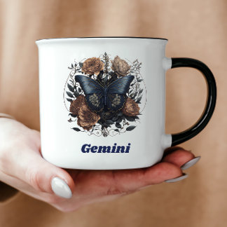 Mug Gemini Zodiac Art Vintage avec texte bleu foncé