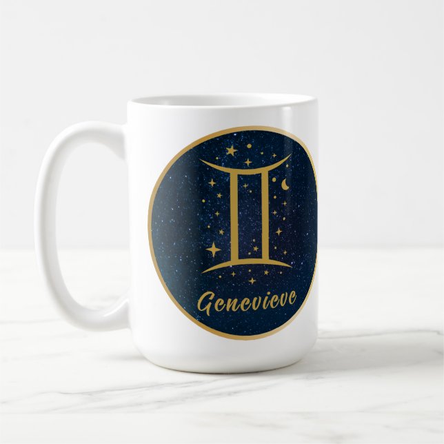 Mug Gemini zodiac symbole or bleu étoiles personnalisé (Gauche)