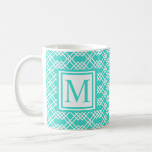 Mug Geo Monogramme en treillis moderne Turquoise & Bla