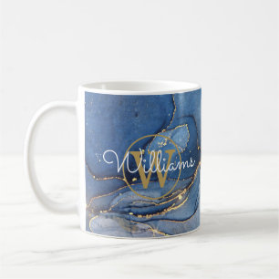 Mug Géode d'agate bleue Monogramme Or Nom en écriture