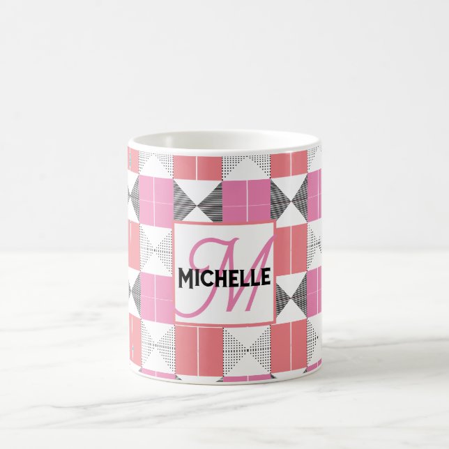 Mug Géométrique moderne rose et noir monogrammé (Centre)