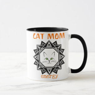 Mug Géométrique Orange et Noir Chat Maman - Cadeau pou